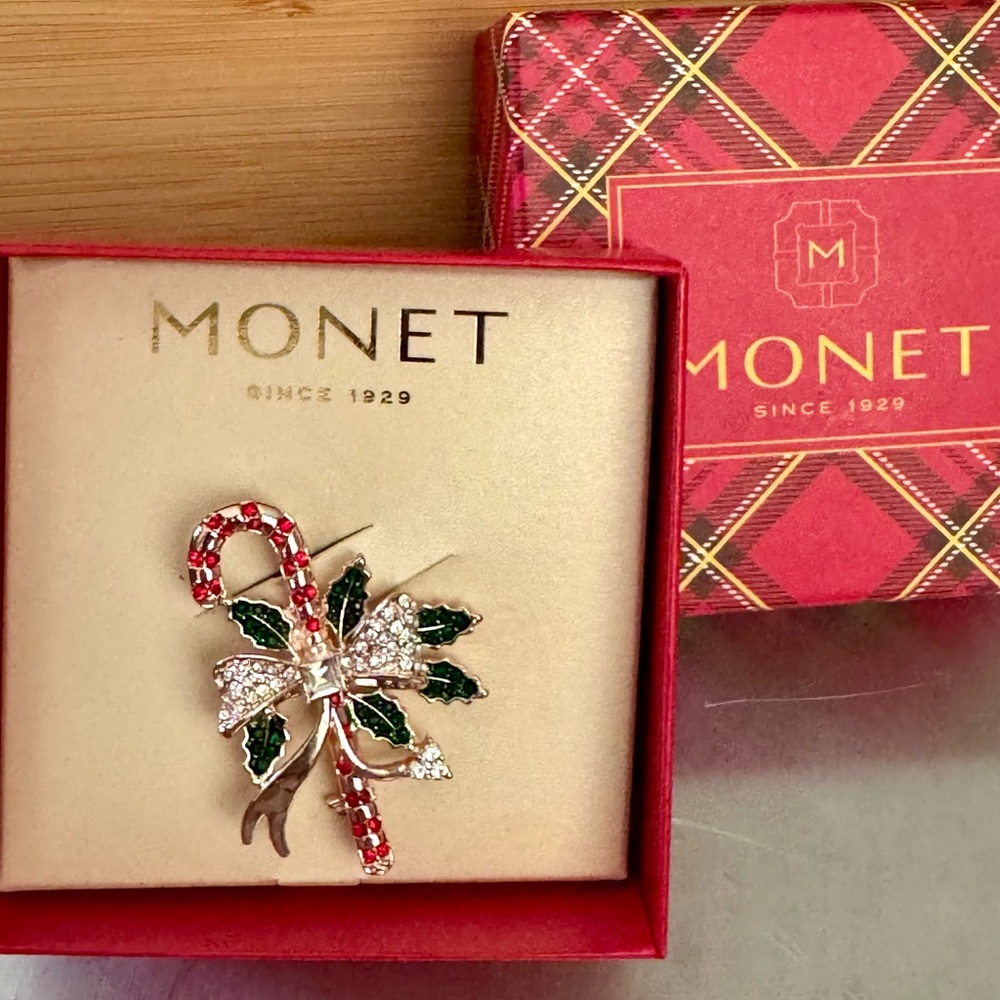 NIB Monet Christmas Candy Cane Holly Brooch Bow Pin Holiday